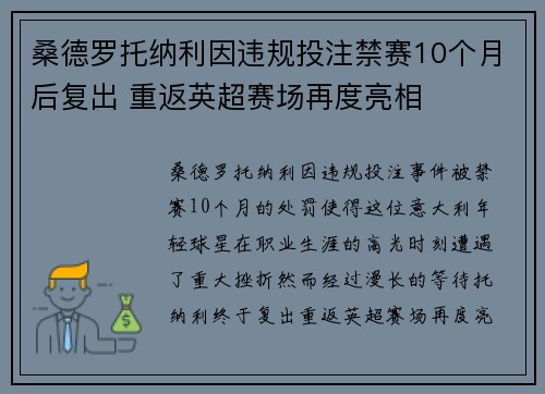 桑德罗托纳利因违规投注禁赛10个月后复出 重返英超赛场再度亮相 桑德罗托纳利因违规投注禁赛10个月后复出 重返英超赛场再度亮相
